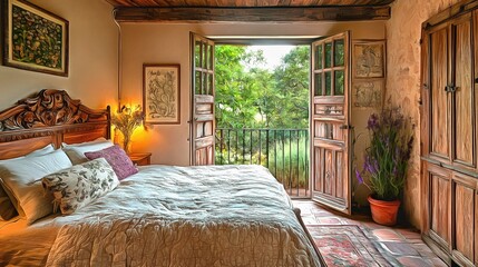 Provence style bedroom featuring a carved wooden bed lavender-scented decor and a small wrought-iron balcony overlooking a garden view interior