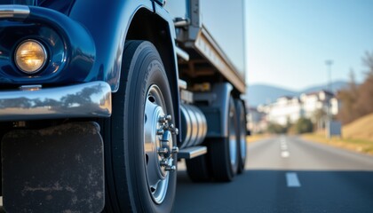 A blue semi truck is driving down a road
