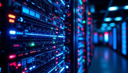 A computer server room with many servers and lights