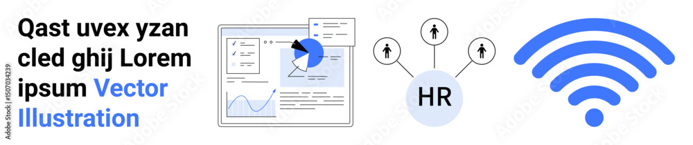 Aufkleber data analysis dashboard with charts, hr represented with networking icons, and a wireless network sy