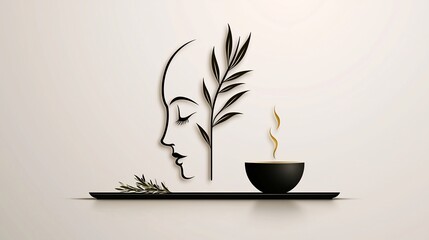 Elegant profile of a person with plant and drink, on a tray