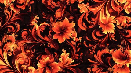 11.A dynamic abstract pattern with bold floral designs, featuring lush flowers and twisting vines that move seamlessly across the background, suitable for use in creative cover designs and posters.