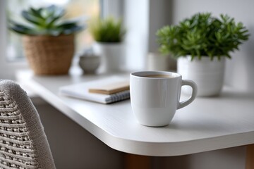 A tranquil workspace showcasing a white coffee cup and beautiful greenery, designed for relaxation and concentration, perfect for inspiring creativity and productivity.