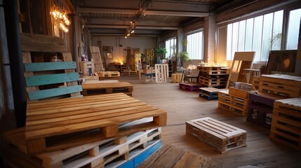 Creative wood pallet furniture displayed in a spacious industrial loft during daylight hours