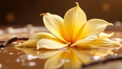 Fototapeta premium A close up of a yellow flower with a reflection of it in the water