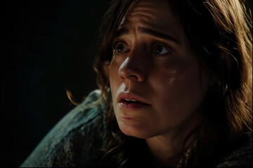 Shrill woman Emotional scene, dark light