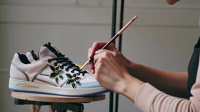 Artist detailing colorful floral design on sneaker surface, brush carefully outlining patterns inside bright, organized creative studio