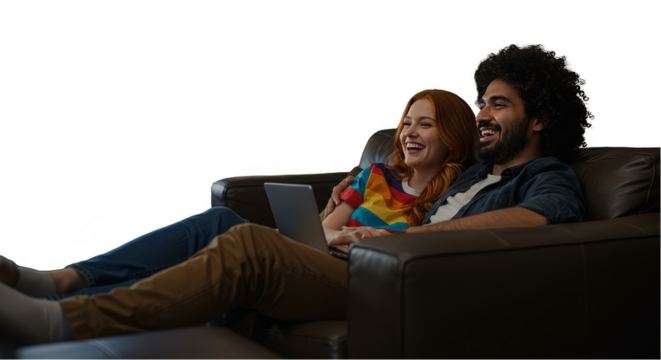 Cheerful Couple Watching Television on Sofa Laughing Together on Black Background