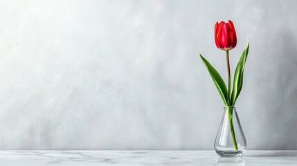 Elegant Red Tulip in Thin Glass Vase on Marble Countertop