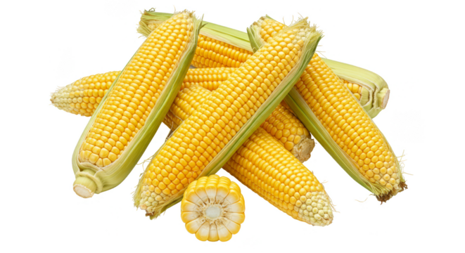 Isolated PNG Pile of Golden Yellow Corn Cobs with Fresh Green Husks