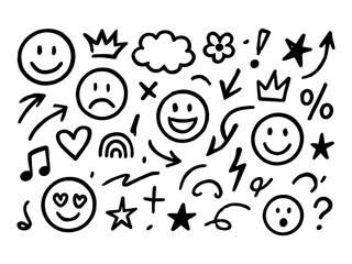 Smile brush hand drawn vector element set. Emoji fun face, heart, crown symbol crayon texture marker background kid sketch style hand drawn element. Color smiley face, arrow. Vector illustration