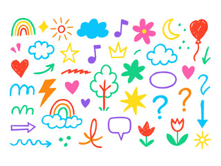 Hand drawn crayon child pencil style icon set. Cute rainbow, heart, crown, flower and sun in colorful kid doodle style. Chalk texture, cloud, smile, star and sketch figure for play or school design