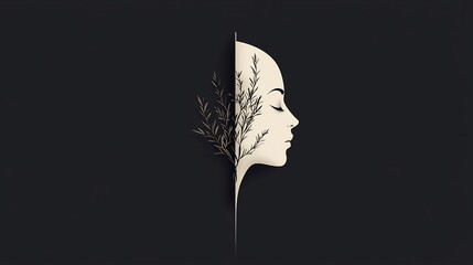 Elegant profile of a woman with delicate, intertwined foliage.  A  minimalist design