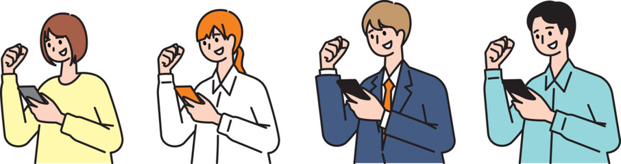 スマホを見て喜ぶ男女のイラストセット