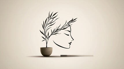 Elegant profile of a woman with a plant