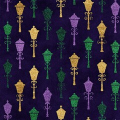 Glittery Mardi Gras Lanterns Decorative Repeating Seamless Background Pattern on Dark Blue