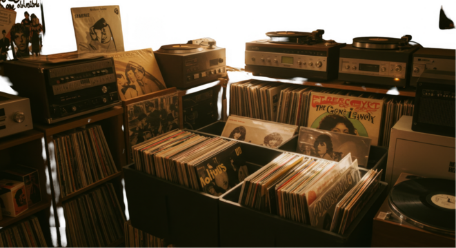 Close Up Of A PNG Stack Of Vintage Records In A Store Shelf