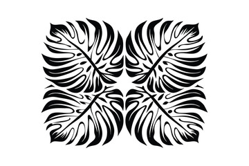 Symmetrical Monstera Leaf Pattern Black and White Botanical Design, Tropical Foliage