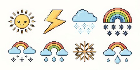 Fototapeta premium Pixel Art Weather Icons – 8-bit Forecast Symbols on White Background 
