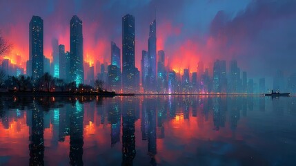 Fototapeta premium A panoramic dusk view of a futuristic cyberpunk city skyline with towering glass skyscrapers reflecting vibrant neon blue and purple lights, casting luminous glows on chrome facades and high-tech 