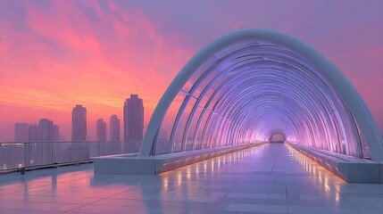 Fototapeta premium A futuristic pedestrian skybridge bathed in blue light stretching between chrome skyscrapers, as the ambient twilight bathes the city in ethereal violet and pink tones 