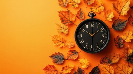 Autumnal clock with colorful leaves on orange background. Time, fall, leaves, autumn, clock, nature, season