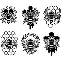 Set of Honey Bee and Honeycomb Line Art Illustrations – Black and White Nature Emblems"