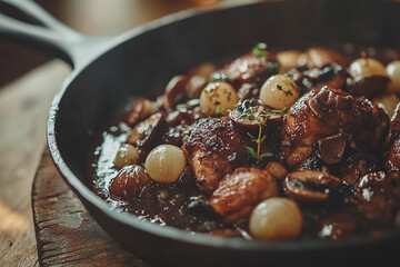 French coq au vin simmering in a cast-iron skillet, featuring tender chicken, pearl onions, mushrooms, and fresh herbs in a rich red wine sauce.