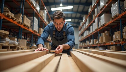 A man is working in a warehouse, measuring a piece of wood