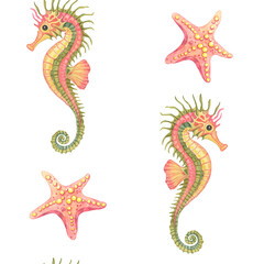 Fototapeta premium Coral-orange sea stars and green-yellow seahorses with fine spines in watercolor clipart seamless pattern. Ideal for ocean-themed textiles, gift wrap, or coastal stationery designs