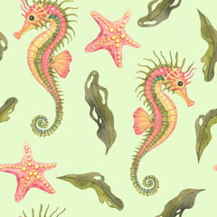 Fototapeta premium Blush-pink seahorses, peach starfish, and flowing green seaweed create this fresh watercolor seamless pattern clipart. Ideal for reusable shopping bags, apparel, and organic product labels
