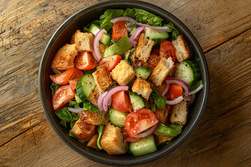 Rustic Italian panzanella salad with fresh tomatoes, cucumbers, red onions, and crunchy bread cubes, served in a bowl