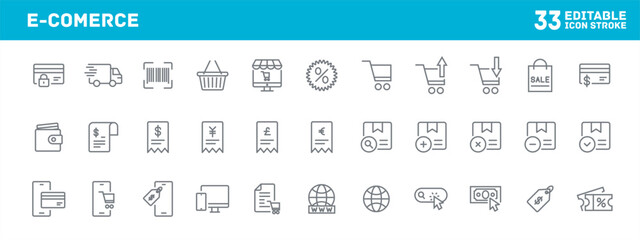 E-commerce symbols showcasing digital shopping and payment processes, illustration for web and app design, icon set