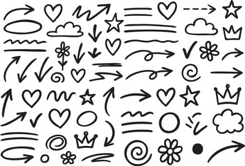 Hand Drawn Doodle Vector Elements – Arrows, Hearts, Clouds, Stars, Crowns, Flowers and Scribble Lines in Black Outline Style for Social Media, Journal Graphics, Scrapbooking and Creative DIY Projects