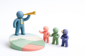 Blue figure with tie and telescope leading group of colorful figures on pie chart, symbolizing leadership and vision in teamwork or strategy
