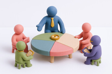 Group of colorful figurines with leader figure in business meeting setting, emphasizing leadership and vision in teamwork and collaboration