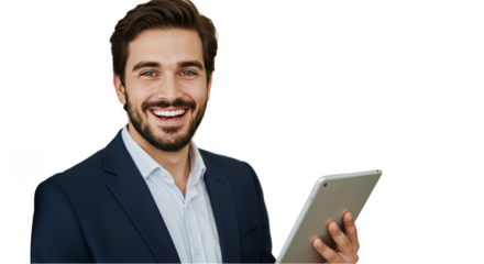 Isolated Portrait of Man In Suit Smiling Holding Tablet With Transparent BG