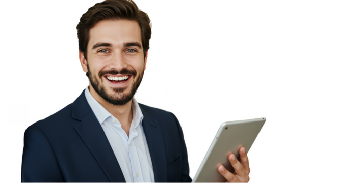 Isolated Portrait of Man In Suit Smiling Holding Tablet With Transparent BG