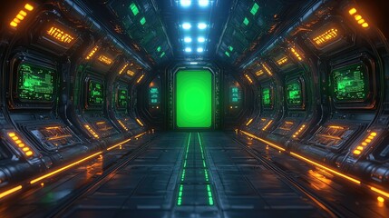 Fototapeta premium Futuristic corridor with glowing panels and green screen.