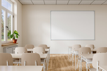 Bright and Empty Classroom Ready for Students