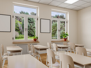 Bright and Empty Classroom Interior with Natural Light and Views