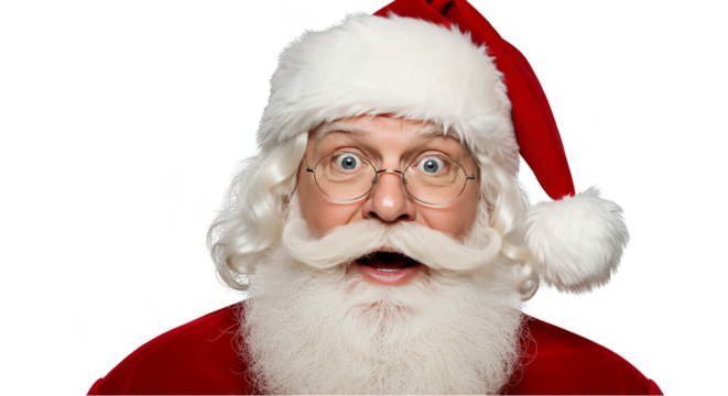 Isolated Portrait Of Surprised Santa Claus In Costume With White Beard