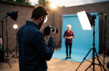 Professional photo shoot taking place outdoors at sunset with a photographer capturing a model in front of a blue backdrop surrounded by studio lights