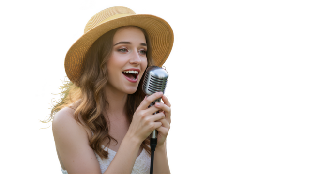 Isolated Portrait of Young Woman Singing with Microphone with Transparent Background