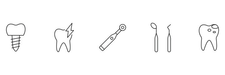 Dental outline icon set. Containing tooth, dentist, toothpaste, toothbrush, teeth, implant and dentistry icons. Tooth, protect, healthy, shiny smile etc. Vector illustration. 