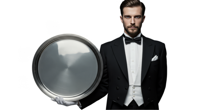 Isolated Potrait of Elegant Butler Holding Silver Tray with Tuxedo