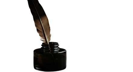 Isolated Quill Feather With Black Ink Pot and Transparent Background