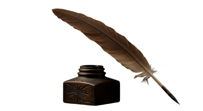 Isolated Quill and Inkwell Writing Still Life Transparent Background