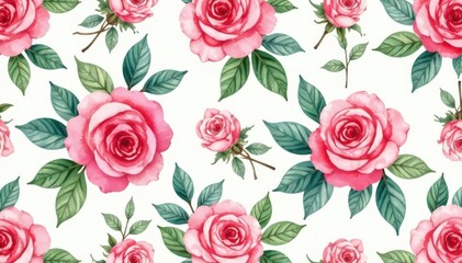 Delicate watercolor roses & leaves, repeating pattern, spring, bud