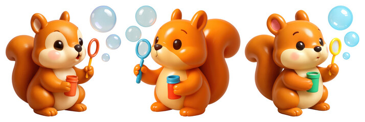 Fototapeta premium PNG Cute squirrels blowing bubbles, element set on transparent background